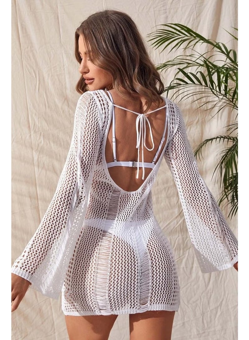 Angelsin Knitted Cotton Long Sleeve Pareo Beach Dress Kimono Kaftan - Image 1